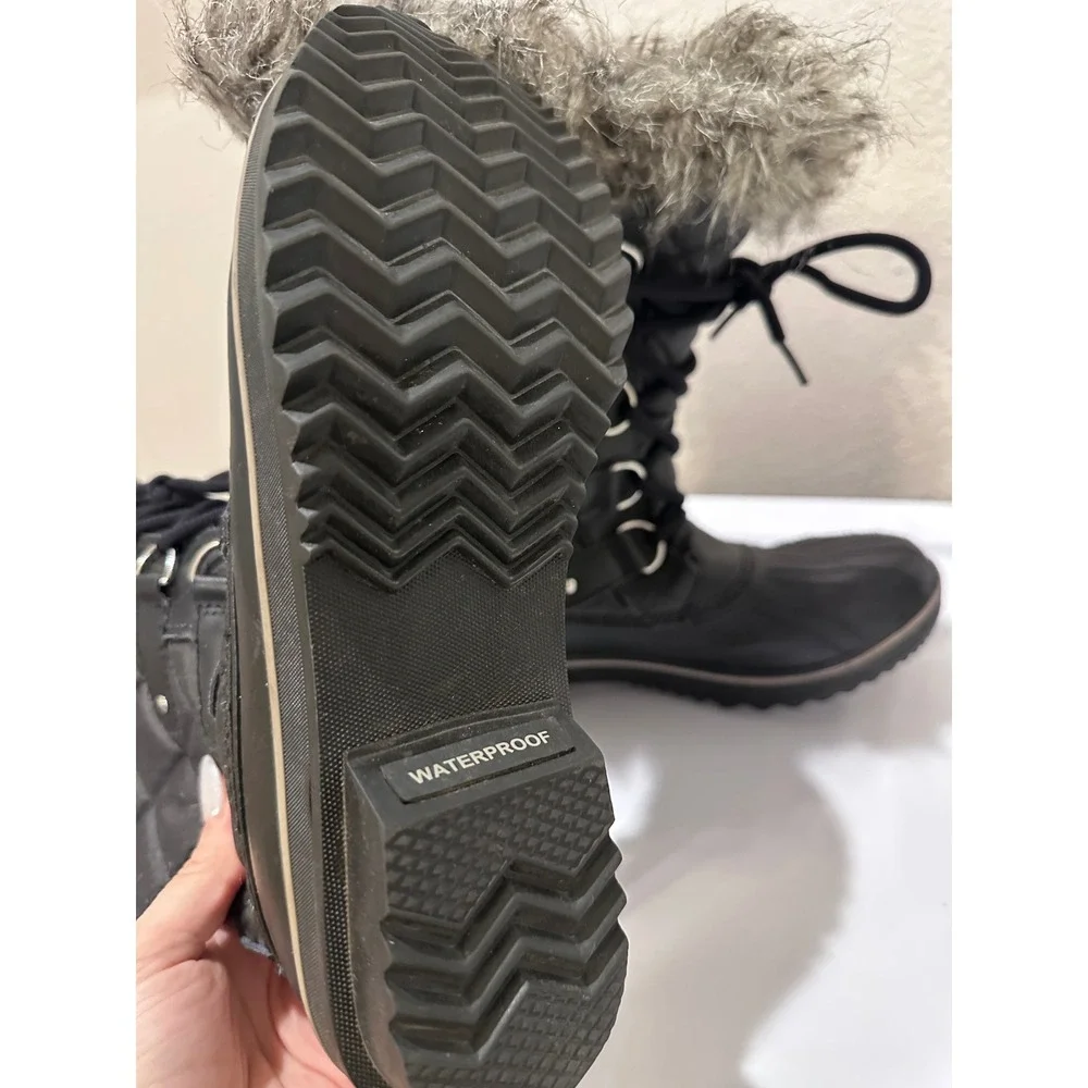 Sorel Winter Snow Boots Quilted Faux Fur Trim Lace‎ Up Black